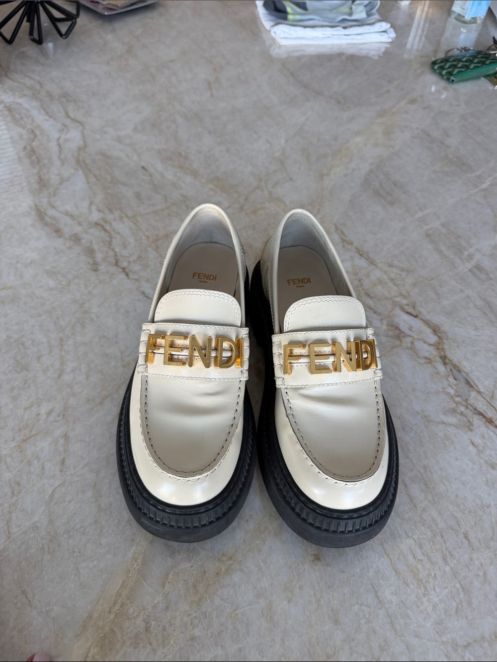Fendi Ivory Cream Loafers with Gold Logo Hardware